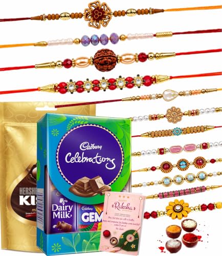 Image of Rakhi Set of 12 for Brother with Gift Chocolate Pack of 2 | Rakhi for Brother,Men,Boy,Bhabhi | Rakhi Gift for Brother with Roli Chawal Tikka & Rakshabandhan Greeting Card