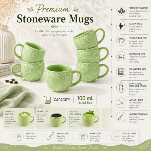 Image of Colorfull Ceramic Tea Cup Set of 6 Pcs - 100ml | Tea /Chai Cup Sets Coffee Mugs Ceramic Dinnerware Crockery for Kitchen | Ideal for Kitchen, Home Daily Use & Gifting (Dewdrop Green Whisper)