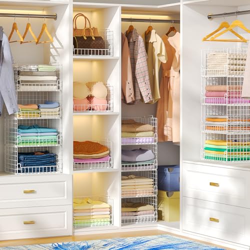 Astrorhine 4-Tier Stackable Closet Organizers and Storage Basket - Foldable Closet Shelf Organizer System, Sturdy Metal Space-Saving Clothes Storage Bins for Wardrobe, White - Image 8