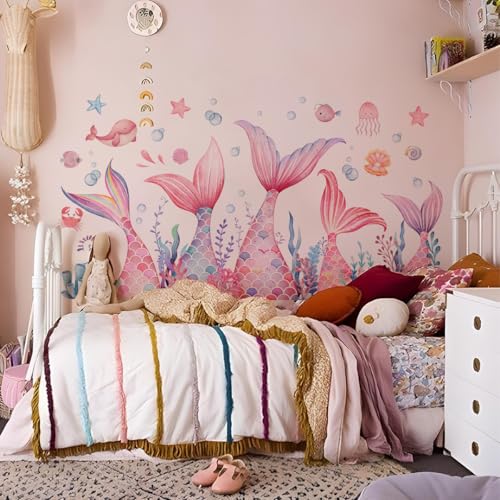 Vinilos decorativos de cola de sirena rosa para pared, 2 piezas miniatura 5