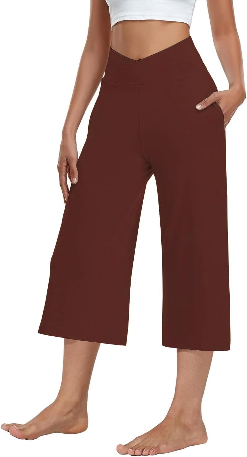 3 Pack Womens Wide Leg Yoga Capris Crossover High Waist Casual Capri Pants Loose Soft Pajama Pockets Sweatpants - Image 3