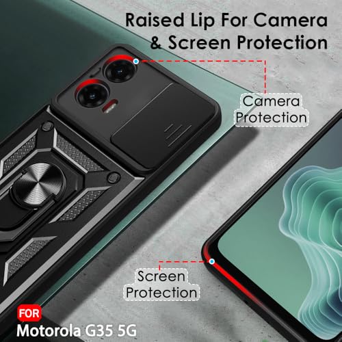 Image of TheGiftKart Tough Armor Bumper Back Cover Case for Motorola Moto G35 5G | Sliding Camera Cover, Kickstand & Ring Holder | 360 Protection Back Cover Case for Motorola Moto G35 5G (PC & TPU, Black)