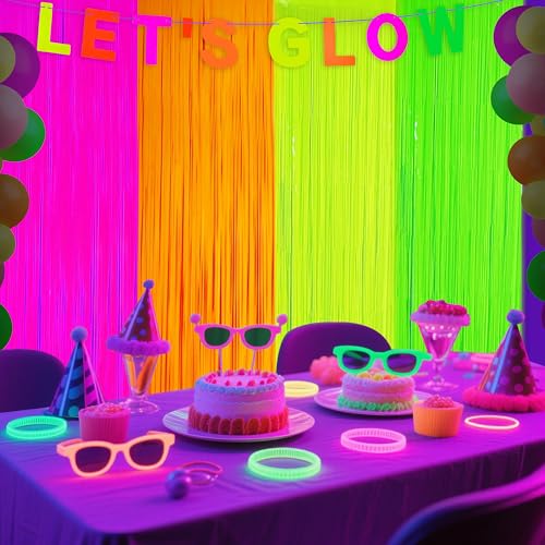 Image of Glow in The Dark Tinsel Curtains 4 Pack - Neon Party Decorations 3.3x6.6ft UV Reactive Fluorescent Macaron Backdrop for Neon, Pride, Birthday Decor, Double Colors & Quantity, Pre-Taped, Waterproof