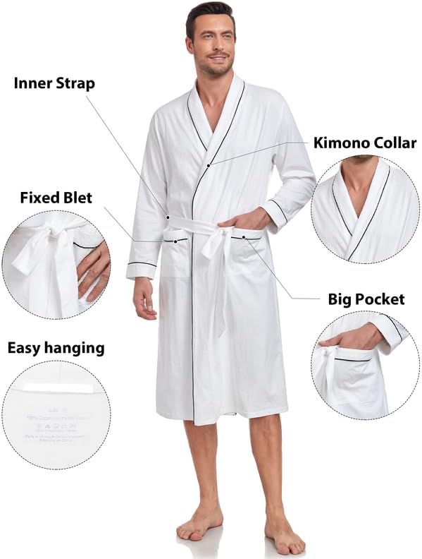 CF Men's 100% Cotton Robe Lightweight Bathrobe Long Sleeve Knit Kimono Sleepwear Soft Knee Length Shower Robe with Pockets - Image 4