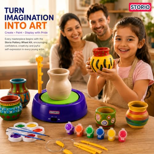Image of Storio Kids Art & Craft Pottery Wheel Kit|DIY Battery Operated Pottery Making & Painting Set|Modeling Clay,Sculpting Tools & Paints|Creative Kit for Boys & Girls Age 5+|Indoor Outdoor Toy (Multi)