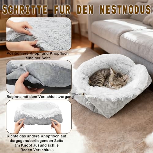 2 in 1 Katzenbett Flauschig Katzenkissen - Katzenkörbchen Waschbar, 60 x 50 cm Cat Bed, Katzen Bettchen丨Haustierbett für Katze, Kleine Hunde und Kleine Haustiere (Grau, Leichtgewichtige Version)