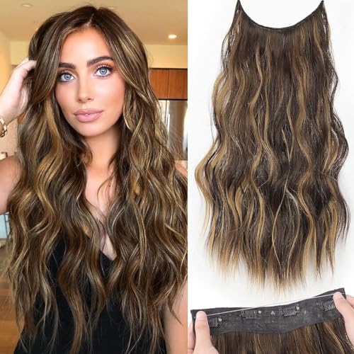 1 Pack Invisible Wire Hair Extensions, 20 Inch Clip in Long Wavy Synthetic Hair with Transparent Headband, Adjustable Size 4 Chestnut Brown with Blonde Highlights for Women