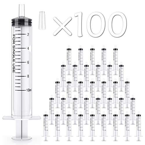 JOLLY PARTY 100 Pack 10ml Syringes Plastic Small Measuring Syringe with Tip Cap Oral Syringe for Scientific Labs Feeding Pets Measurement Refilling No Needle
