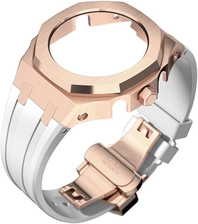 Kit modification GA2100 Casioak bracelet silicone blanc boîtier métal rose gold