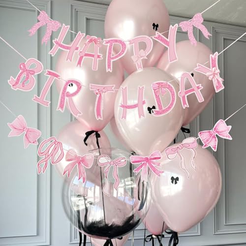 Image of Pre-Strung Pink Bow Birthday Decorations, Pink Coquette Party Decorations, Bow Party Supplies Include Happy Birthday Banner, Bow Garland Banner for Girls