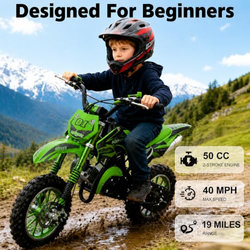 Image of 50cc Dirt Bike, 2 Stroke Gas Mini Bike for Kids 8-14 with Front Rear Disc Brakes, 10 Inch Off-Road Tires, Shock Absorption, Seat Height 23.6in, Max Speed 40mph, 2026 Upgraded(Green)