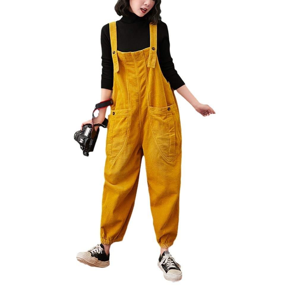 Damen Latzhose - Frauen Herbst Winter Gelb Cord Overalls Lose Plus Größe Strampler Tasche Breites Bein Overalls Für Outdoor Hosen Streetwear