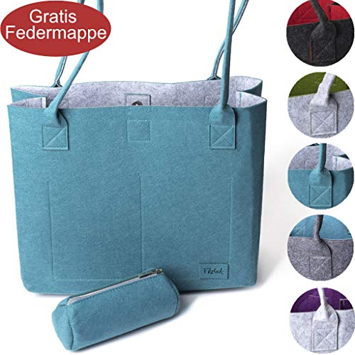 FilzGut® Shopper Greta - Größe M (15L) als Einkaufstasche - große Handtasche oder Schultertasche aus Filz - Außen Petrol & Innen Grau