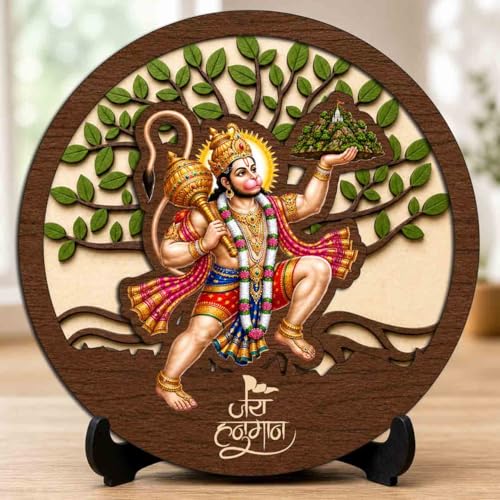 Image of Hanuman Ji Premium Wooden God Idol for Indoor Temple, Living Room Shelf, Work Desk & Puja Decor - 5x5 Inch