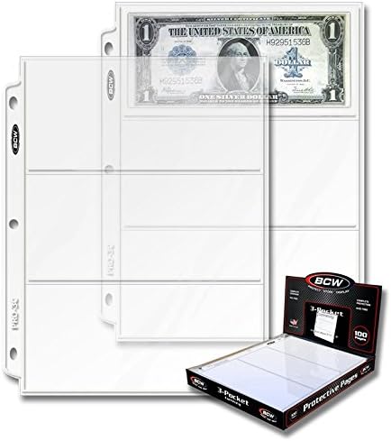 BCW Pro 3-Pocket Currency Page - 100 ct | Archival Quality, Toploader Pockets, High-Clarity Polypropylene | Ideal for 3½"x8" Bills | Numismatic Collection Storage and Display | Clear Money Sleeves