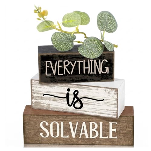 Lineshading 4 Pcs Inspirational Farmhouse Table Decor Rustic Wooden Stacked Block Signs with Inspirational Quote Artificial Eucalyptus Leaves Farmhouse Decoration for Home Office Shelf Gift