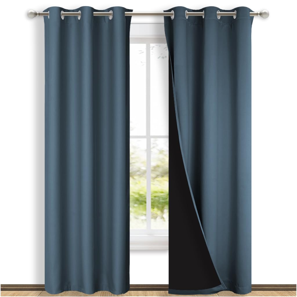NICETOWN Blackout Curtains 84 inches Long, 2 Pieces, 42" Wide Each Panel, Smoky Blue, Full Light Blocking Drapes with Black Liner for Nursery, Thermal Insulated Draperies for Hall, Villa