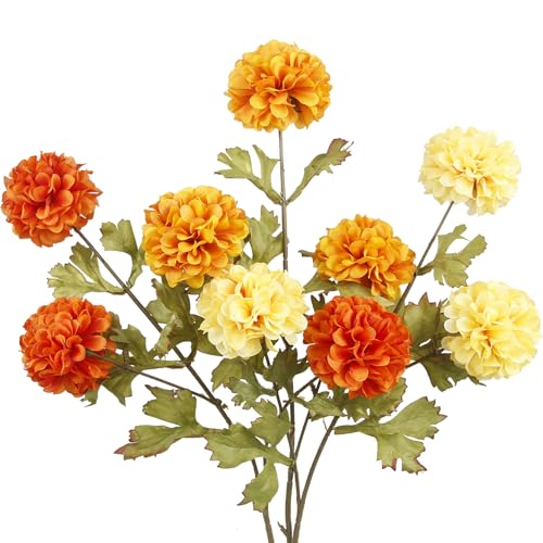CISDUEO 3 Pcs Artificial Marigold Flowers Artificial Chrysanthemums Ball Flower Orange Silk Mums Flowers Spring Branches for Home Decor Floral Arrangement Table Centerpiece