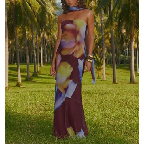 Image of Women Strapless Floral Dress with Sarf Mesh Tube Maxi Dress Summer Cocktail Wedding Guest