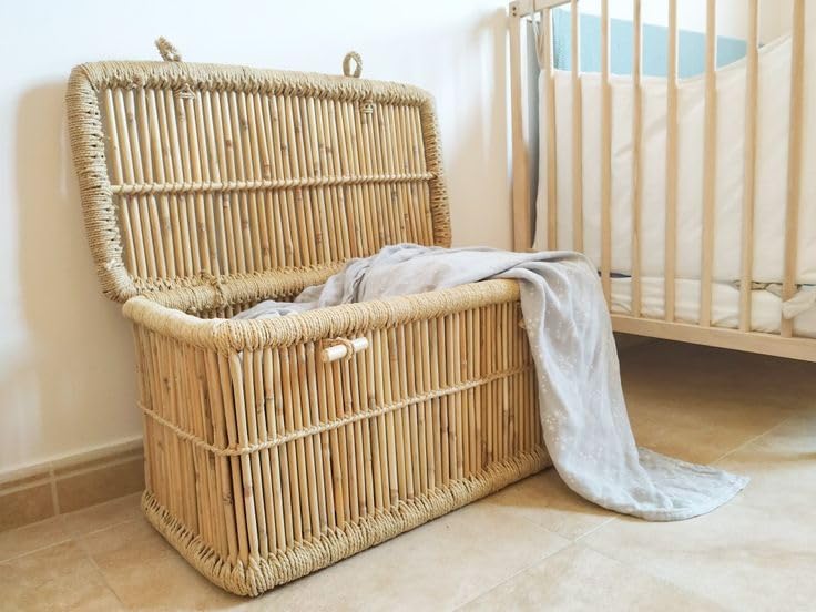 Image of Toys Storage Box With Lid & Handle | Storage Box For Kids Clothes | Large Wooden Storage Box | Toys and Books Organizer With Sitting Space (Handmade Bamboo Cane Wood- Eco Friendly)