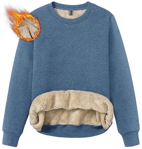 TACVASEN Women's Sherpa Pullover Fleece Lined Sweatshirts No Hood Winter Shirts Warm Sweaters Grey Blue, 2XL