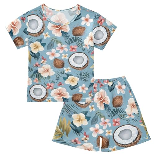 ALAZA Coconut Tropical Flower Palm Leaves Blue Pajamas Short Sleeve 2 Piece Sleepwear Top and Bottom Pajama Set Unisex