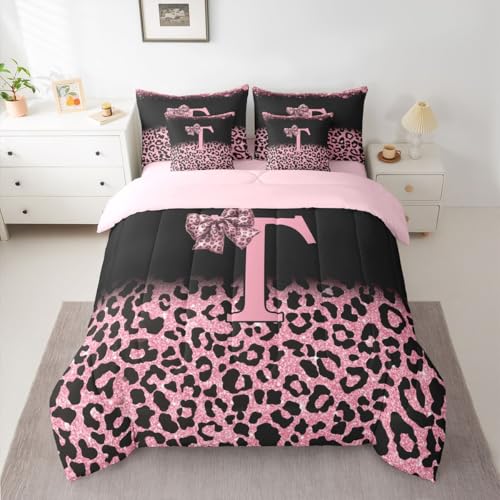 Image of Feelyou Pink Leopard Bow Comforter Set with Sheets 7 Piece Queen Size Initial Letter T Bedding Set for Kids Boys Girls Girly Bowknot Bed in a Bag Room Decor Soft Lightweight Microfiber