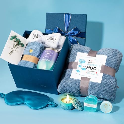JOYOFUN Gifts Basket for Women,Birthday Birthday Presents Friendship Gifts Get Well Soon Gifts Self Care Package Gifts Blue Gift Box Relaxing Set Unique Gifts with Blanket for Mom,Wife,Sister 1x 12 oz