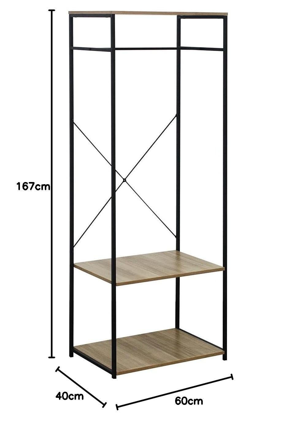 Perchero de Barra Metálico con 2 Baldas de Madera Oinu 167x60x40,4cm 7house