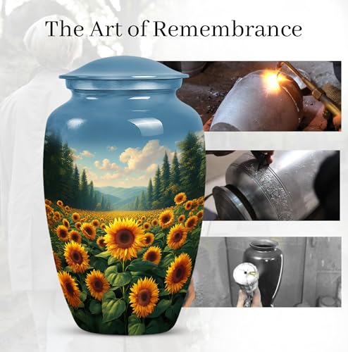 Image of Sunflower Flower Urns for Human Remains - Blue Funeral Urns for Adult Ashes Women - Yellow Sunflower Urn for Human Ashes Adult Male - Large Decorative Urn for Mom and Dad 10inch