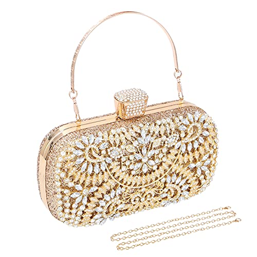 WJCD Women Evening Clutch Rhinestone Bag Crystal Evening Clutch Bag Wedding Purse Bridal Prom Handbag Party Bag-All rhinestones (Gold)
