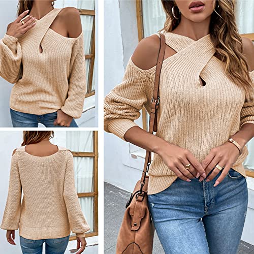Jjhaevdy  Women's Fall Sweaters 2022 Color Cross Halter Leaky Shoulder Sleeve Knitted Sweater Lantern Sweater #TOP2