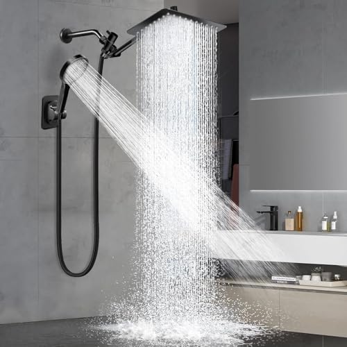 Shower Head 12Rain Shower Head with Handheld Spray Combo with 11 Angle Adjustable Extension Arm/Flow Regulator/Shower System High Pressure Rainfall Shower Head Clean Bathroom Matt Black