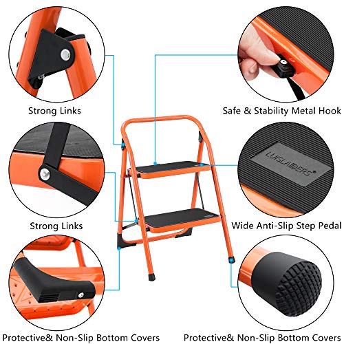 LUISLADDERS Step Ladder 2 Step Stool Fold Sturdy Steel Ladder 330lbs EN131 Portable Anti-Slip and Wide Pedal Ladder Multi-Use for Home,Garden and Office