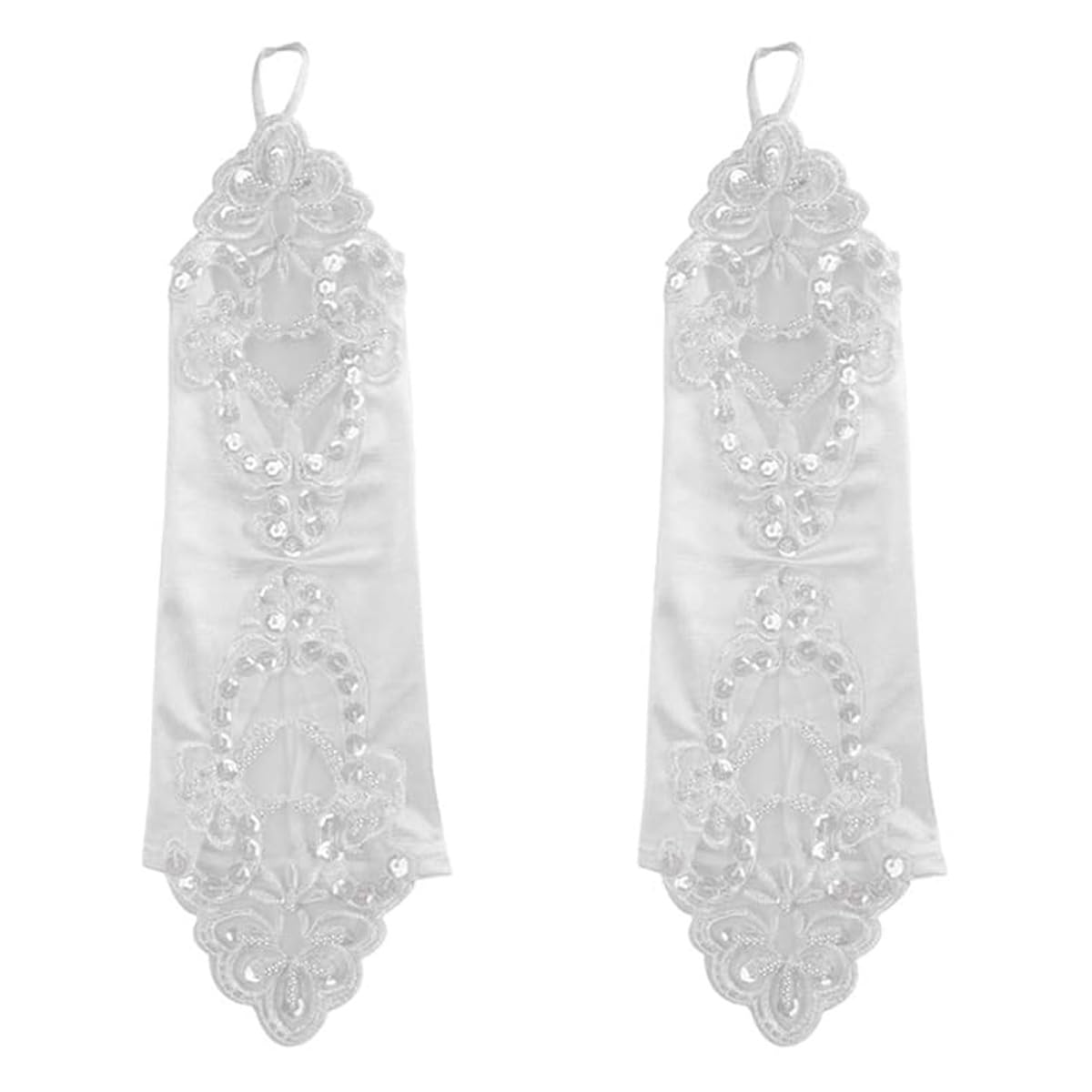 1 par de guantes largos sin dedos de satén con encaje y lentejuelas para niñas de flores, para boda, comunión, dama de honor, color blanco