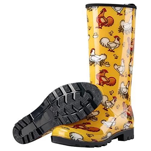 Hisea Women's Rain Boots Waterproof Garden Shoes Colorful Printed Knee High Rain Shoes Tall Wellies Rainboots For Ladies With Comfort Insole, Size 7 Chicken Print Yellow #TOP4