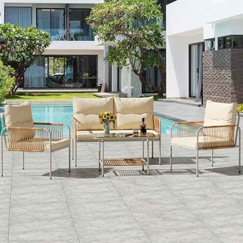 YITAHOME Patio Furniture Set, 4 Pieces Wicker Outdoor Conversation Set, All-Weather PE Rattan Bistro Set with Glass Side Table and Cushions for Backya