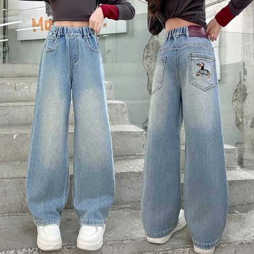 Girl's Star Applique Straight Wide Leg Denim Pants Striped Bow Rise Jeans with Pocket Y2K Streetwear 4-15 Years2