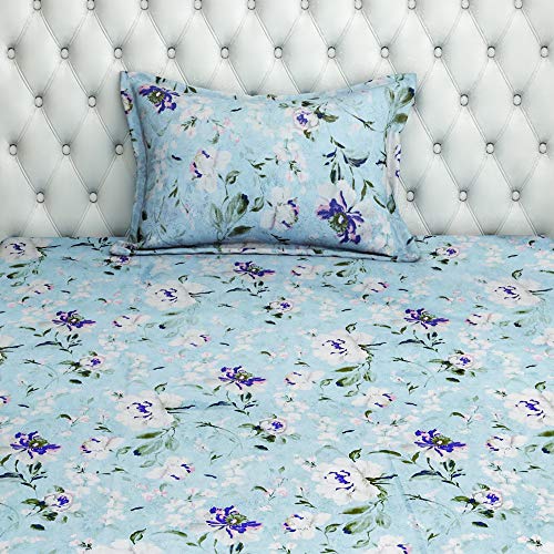 Image of Swayam Roto Cotton Single Bedsheet with 1 Pillow Cover | Size 60 x 90 inch | 144 TC | Floral Design | Soft Breathable Bed Sheet | Comfortable & Durable for Bedroom - Blue