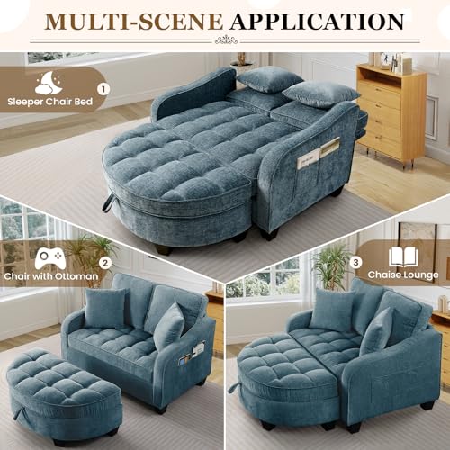 Image of Oversized Chair and A Half, Chenille Tufting Accent Cozy Reading Sofa Chair with Storage Ottoman, Upholstered Loveseat Chaise Lounge Sofa with Adjustable Back for Living Room, Office, Sunroom, Blue