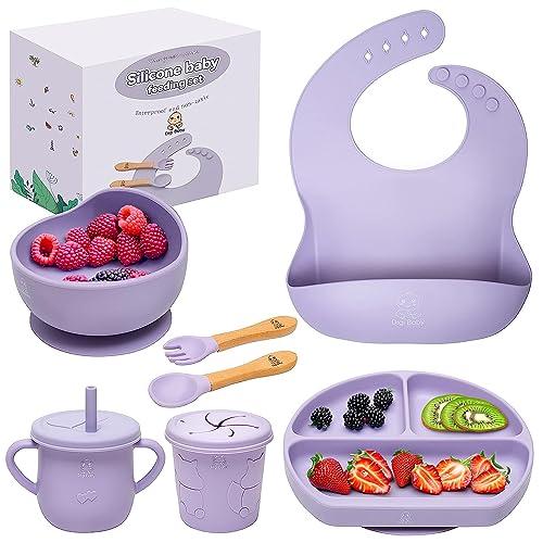 Image of Digi Baby Led Weaning Supplies 7 Piece Toddler Flatware Sets, Suction Silicone Feeding Set with baby plate, bowl, fork, spoon and adjustable bib, Infant Eating Utensils Toddler Feeding Supplies-Purple