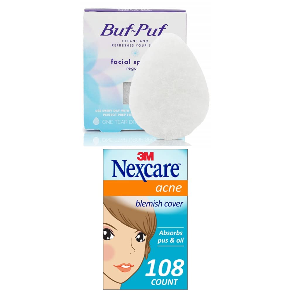 Buf-PufRegular Facial Sponge, Removes Deep Down Dirt & Makeup That Causes Breakouts and Blackheads, Reusable, Exfoliating, White (1 Count) + Nexcare Acne Absorbing Patch (108 Count)
