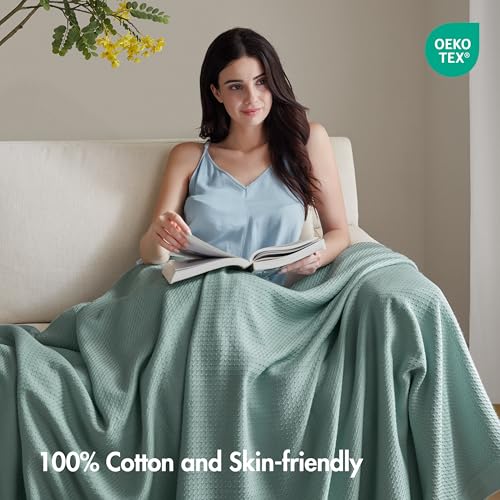 Image of Madison Park 100% Egyptian Cotton Twin Size Bed Blanket for Summer Teal | Cozy Soft Breathable Durable, Waffle Weave Woven Casual, Lightweight Knit All Season Throw for Bed Couch or Sofa, OEKO TEX