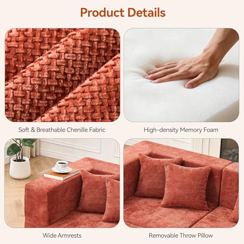 Image of MONVANE 75 inch Loveseat Sofa, Comfy Chenille Modular Sectional Sofa with 4 Pillows, Modern Deep Seat Boneless Couch, 2 Seater Sofa for Living Room, Bedroom and Apartment, Rust Red