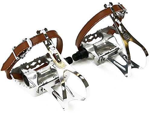 Silberne Fahrrad Pedale mit Pedalhaken 9/16 Zoll Gewinde Pedalkäfig für SingleSpeed Fixy Retro Rennrad Bike Vintage - Edelstahl Haken mit einfachem Kunstlederriemen Cover