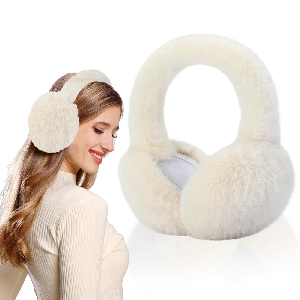 Jynkchrenzic Women's White Foldable Ear Warmer, Winter Ear Muffs, Earmuffs,Fluffy Soft Ear Warmers Warm Ear Covers For Cold Weather