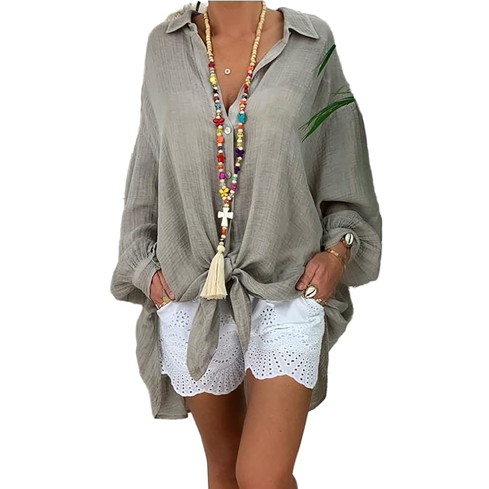 MayntopWomens Plus Size Cotton Linen Solid Lantern Sleeve Shirt Beach Cover-Up Button Baggy Mid-Length Blouse