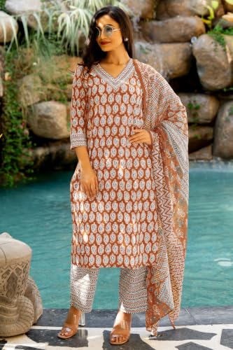 Image of MIRCHI FASHION Women's Straight Fit Pure Cotton Floral Printed Kurta Set with Dupatta and Pant