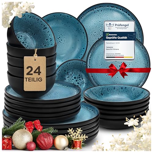 Twinzee Steingut Geschirrset 24-teilig für 6 Personen - Schüssel-...