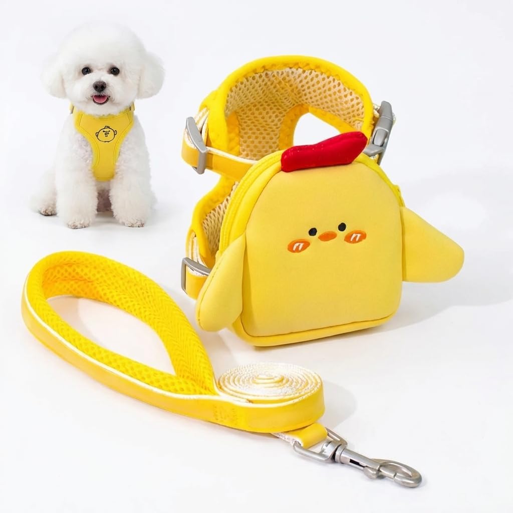 No Pull Dog Harness and Leash Set - Step-in Cat Harness with Backpack, Adjustable No-Choke for Small Medium Dogs & Cats, Breathable Mesh All-Weather Vest -Yellow, Medium